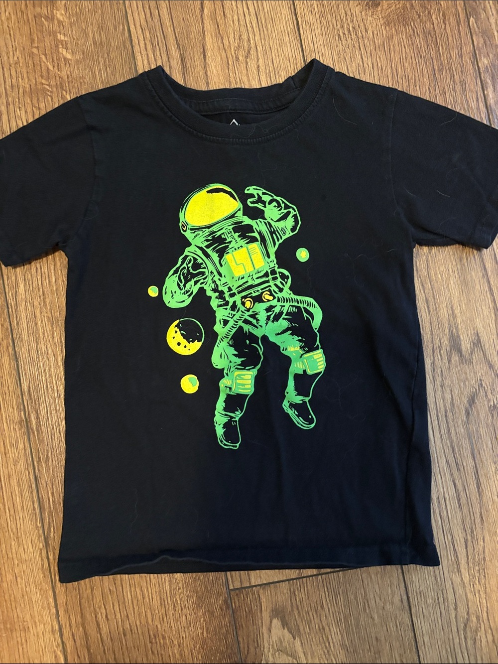 Kids Black Tee with Neon Green & Yellow Astronaut Graphic